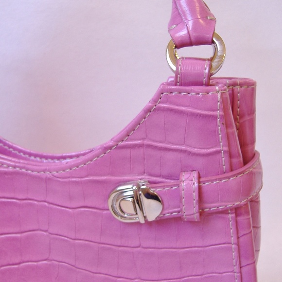 Salmon Pink Charter Club Purse Handbag Faux Crocodile Lined Silver Metal Tote - Picture 4 of 8